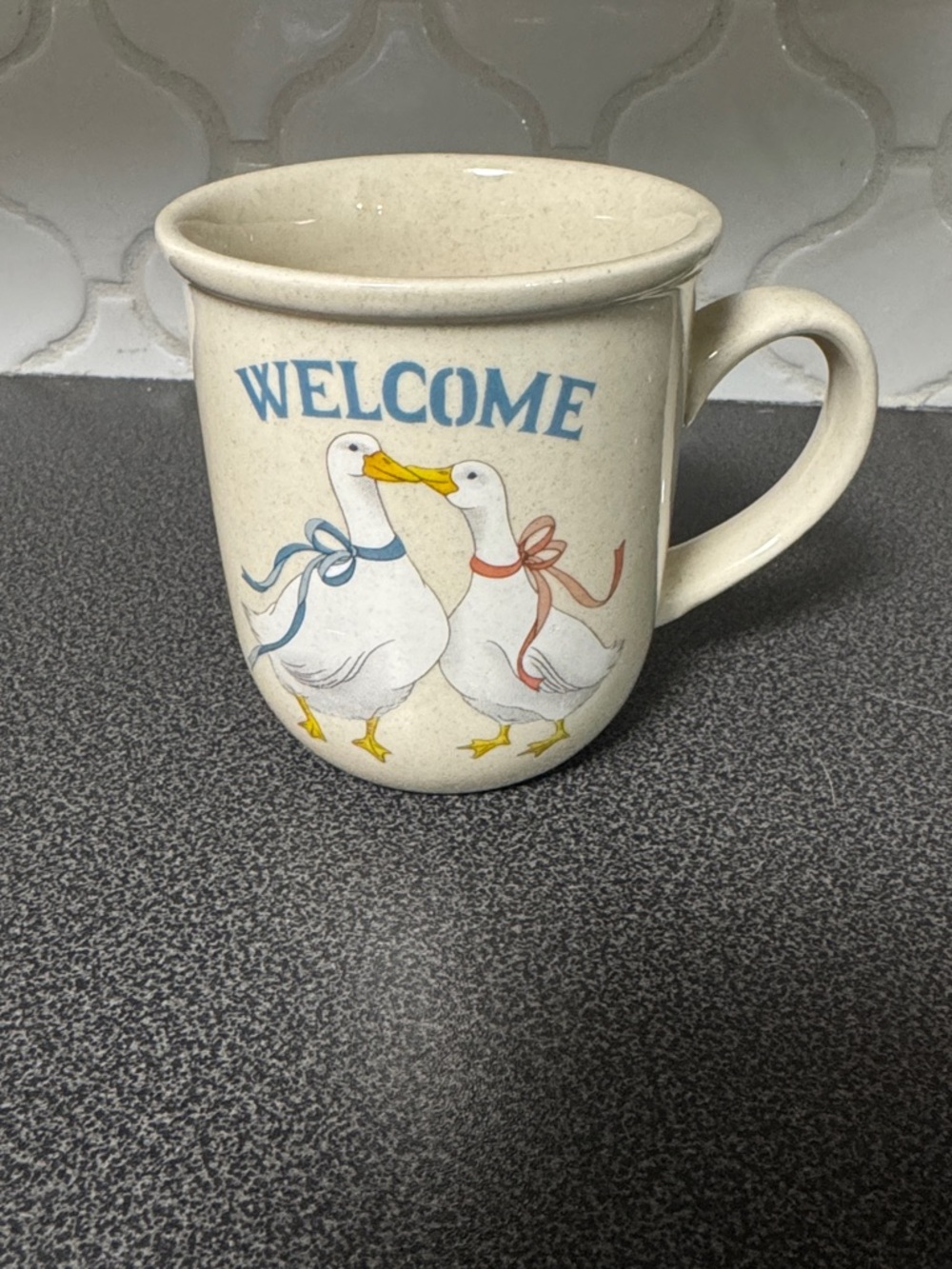 Vintage Welcome Duck Stoneware Coffee Mug - Cream with Blue & Pink Accent